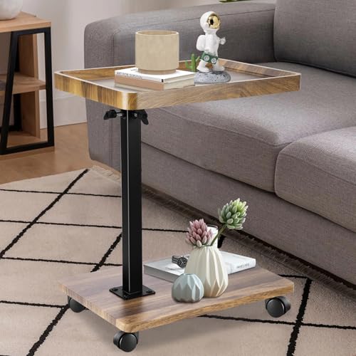 Cable Leader Table d'Appoint, Forme en C Bout de Canape avec roulettes, Table a Roulette Rotation à 360, Réglable en Hauteur (45-80 cm) Bois Table Dappoint, Table Roulante pour Lit, Brun