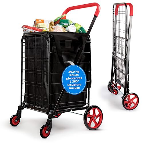 SereneLife Chariot de Courses - Caddie de Courses Pliable avec Roues Pivotantes à 360°- Capacité de 50 kg - Chariot à roulettes Portable et Rétractable pour Achats, Linge, Bagages - Rouge