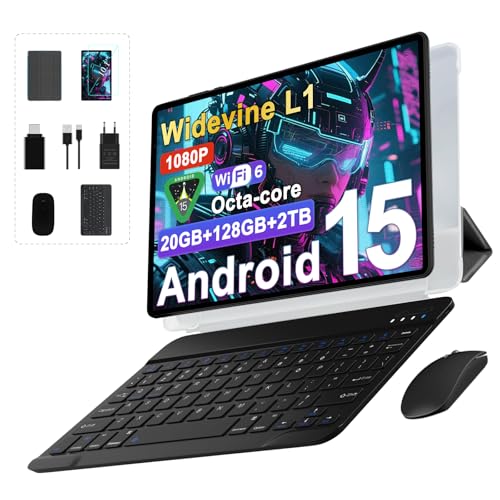 Tablette Android 15 Tablette 10 Pouces 20Go RAM + 128Go ROM(2To Extensible), Octa-Core, GMS Tablette Tactile, WiFi 6, 5G Wi-FI, Widevine L1, 6000mAh, GPS, Tablettes avec Clavier+Souris et Cas-Noir