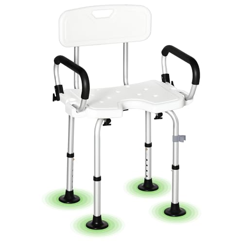 HOMCOM Chaise de Douche, Tabouret de Douche réglable en Hauteur avec Dossier et accoudoirs rabattables, Assise U, Pieds antidérapants à ventouses, pour Personnes âgées et handicapées, alu HDPE, Blanc