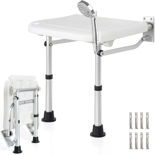 FREEAMG Tabouret de Douche Pliable Mural, Siège de Douche Réglable en Hauteur avec Pieds Antidérapants, Chaise de Douche pour Personnes âgées, Femmes Enceintes, Capacité de Charge 180KG (Blanc)