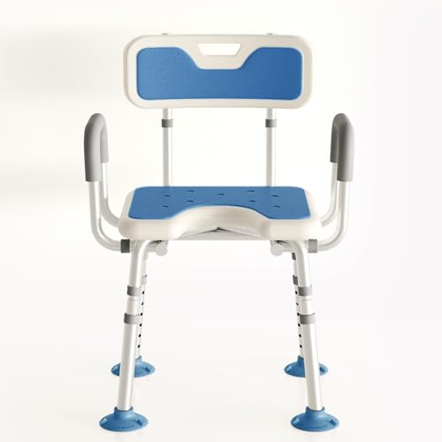 RMAN® Tabouret de Douche avec Dossier et Accoudoirs Chaise de Douche Charge 150+ kg Alu Antidérapant Douche Réglage de la Hauteur à 6 Positions pour Personnes Âgées, Handicapées, Enceintes, Bleu