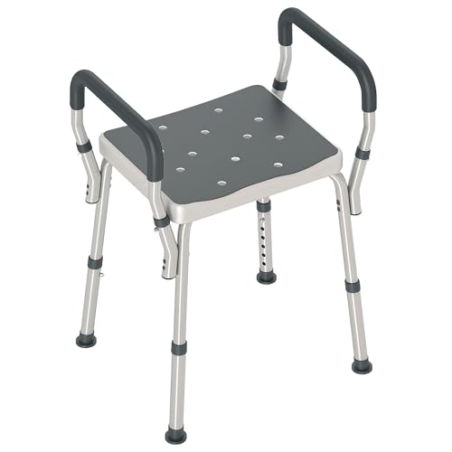 HOMCOM Tabouret de Douche Chaise de Douche pour Personnes âgées et handicapées avec accoudoirs, Hauteur réglable, Patins antidérapants, Chaise de Bain en Aluminium antirouille, Gris