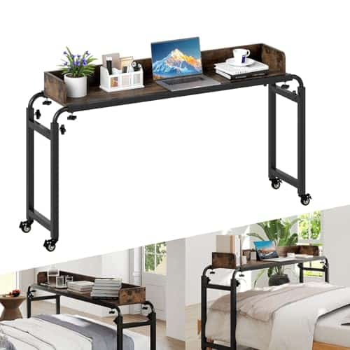 LIFEZEAL Table de lit Roulant 117 x 35 cm, Table d'appoint pour Ordinateur Portable Polyvalente réglable, Bureau sur Le lit avec Hauteur et Largeur modifiables, Compatible avec Plusieurs Lits