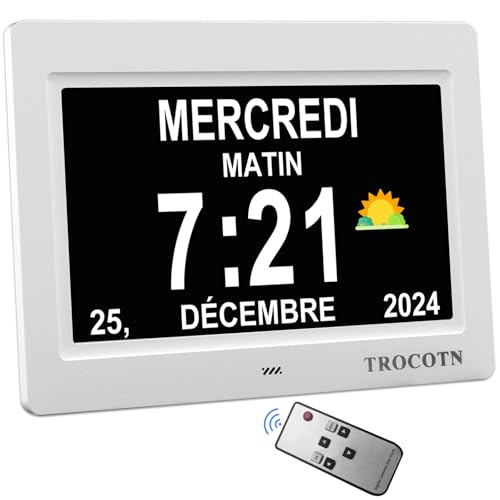 TROCOTN Horloge numérique Grand écran avec Calendrier pour Seniors, icônes Soleil et Lune, Heure d'été Automatique, Mode Nuit avec Gradation, Affichage Multicolore, Facile à Lire (7 Pouces, Blanc)