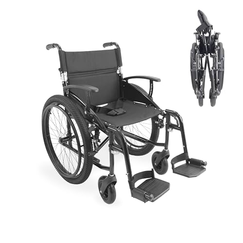 KMINA Fauteuil Roulant Pliable Léger en Aluminium Tout-Terrain (Assise 46 cm), Dossier et Repose-Pieds Rabattables, Accoudoirs Réglables, Ceinture et Frein à Main