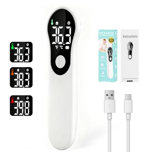 Thermomètre Frontal Sans Contact, Thermometre Bebe, Thermomètre Numérique Infrarouge pour Adultes, Lecture Précise avec Ecran LCD,°C/°F,Alerte Fièvre, Mesures Rapides et Précises (Blanc)