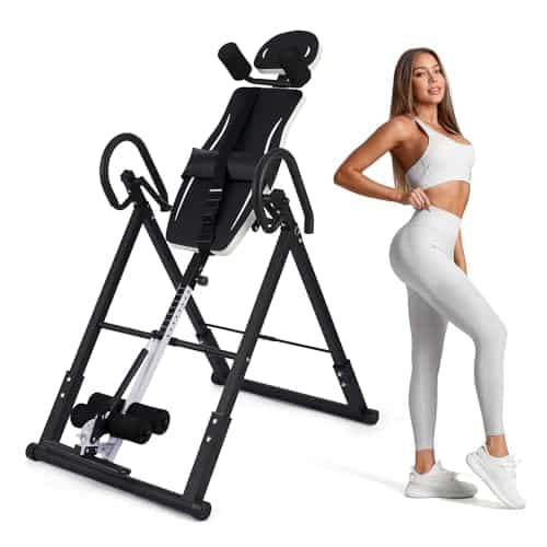 ZELUS Table d'Inversion Pliable Réglable Équipement pour de Gymnastique à Domicile Entraînement par Gravité pour la Thérapie Naturelle de Soulagement des Douleurs du Dos, Noir et Blanc