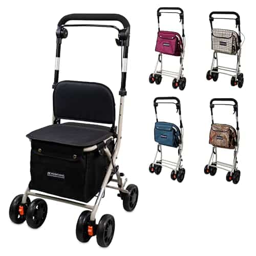 Mobiclinic®, Déambulateur pliant, Chariot de courses avec siège, 21 l, Coliseo, Marque europénne, Levier unique, Acier, Rembourré, Système freinage, Sac à provisions, Noir