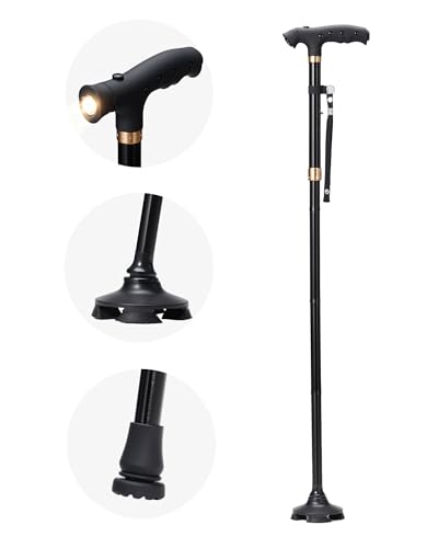 Sinocare Canne de Marche Pliable, Canne Légère et Portable avec Base Pivotante 360°, Poignée en T, Résistant 115kg, Réglable 85-95cm LED pour Adultes et Seniors