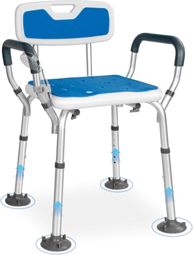 OUUTMEE Tabourets de Douche Réglable en Hauteur, Chaise de Douche avec Accoudoirs et Dossier, Siège de Douche pour Personnes Âgées, Handicapées et Patients, Pieds Antidérapant, Max. 136 KG