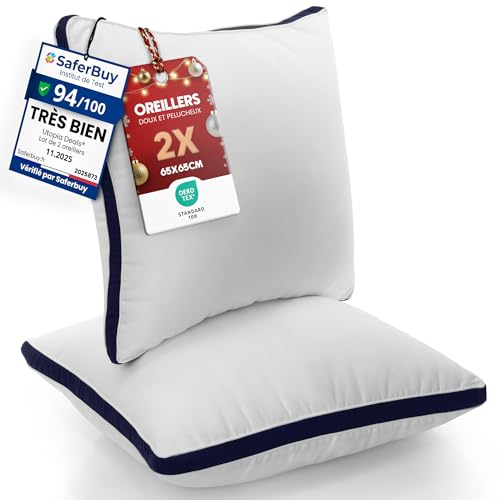 Utopia Bedding Oreillers 65 x 65 cm (2 Pièces), Rembourrage en Fibres Creuses Vierges 3D, Oreiller Doux et Facile à Entretenir (Bleu Marine)