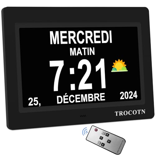 TROCOTN Horloge numérique Grand écran avec Calendrier pour Seniors, icônes Soleil et Lune, Heure d'été Automatique, Mode Nuit avec Gradation, Affichage Multicolore, Facile à Lire (7 Pouces, Noir)