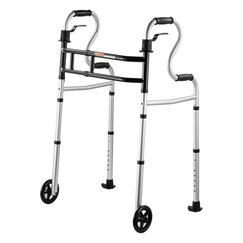VEVOR Déambulateur pliable avec roues, capacité de charge 204 kg, cadre de marche aide à mobilité en aluminium léger, avec hauteur 8 niveaux, largeur réglable pour personnes âgées handicapées adultes