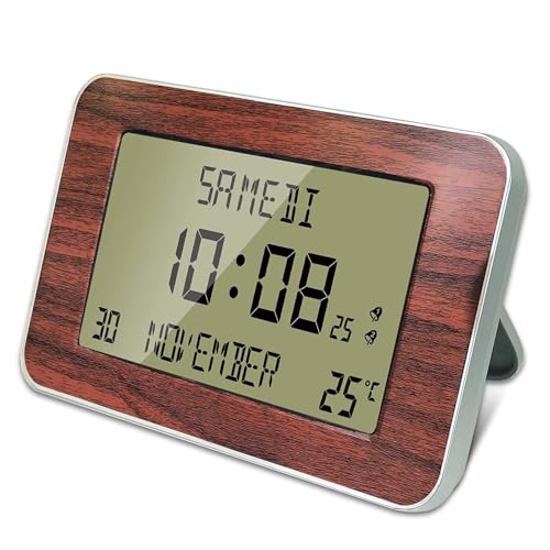 FISHTEC - Horloge Réveil Numérique Murale Radiopilotée - Calendrier Date Jour et Heure - Grands Chiffres - 6 Langues - 2 Alarmes - Température Ambiante - Murale ou sur Pied