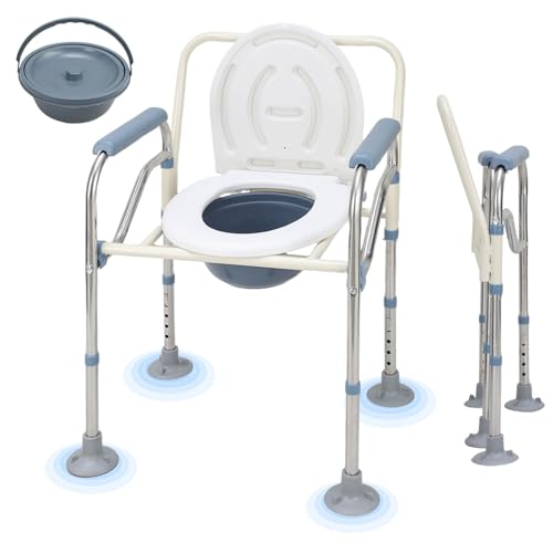 Vkechh Chaise percée pour personnes âgées, 150 kg, pliable, avec accoudoir, chaise de toilette, hygiénique, chaise de toilette, hauteur réglable, chaise pour toilettes, avec œuf amovible