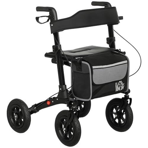 HOMCOM Déambulateur 4 roues pliable, rollator en aluminium léger, siège rembourré, dossier, poignée réglable, sac rangement, double frein, roues tout-terrain, déambulateur pour personnes âgées, noir