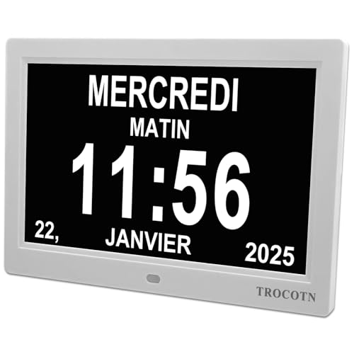 TROCOTN 10 Pouces Horloge numérique Horloge de Jour Grand écran réveil Murale (Blanc)