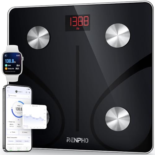 RENPHO Balance Pese Personne, Pese Personnes en Verre Trempé, Bluetooth, Max. 180 kg, Balance Connectée avec 13 Données Corporelles (IMC/graisse corporelle/masse osseuse/BMR/muscle/eau), Elis 1