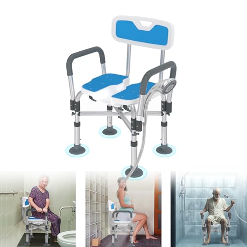 LZQ Chaise de douche avec dossier amovible et accoudoirs - Pour personnes âgées - Réglable en hauteur - Siège de douche antidérapant - Charge maximale : 200 kg