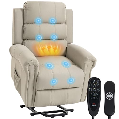 HOMCOM Fauteuil releveur électrique avec Fonction Massage et Chauffage, Fauteuil Relax électrique avec Dossier inclinable, Ports USB, Repose-Pied, télécommandes et Poche latérale, Tissu en Lin, Beige