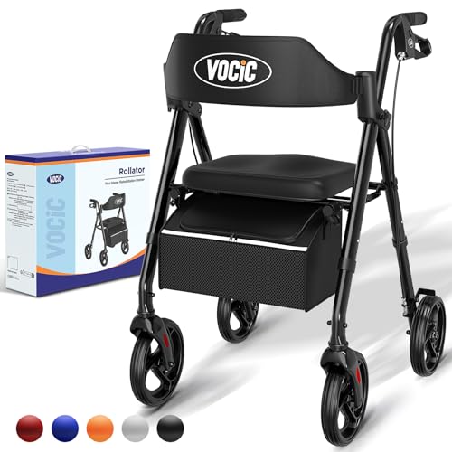 VOCIC deambulateur 4 roues pliable leger,Rollator en aluminium léger avec siège,Pour tous les terrains, Siège réglable en hauteur,Se range facilement dans le coffre,Noir | Garantie de 5 ans
