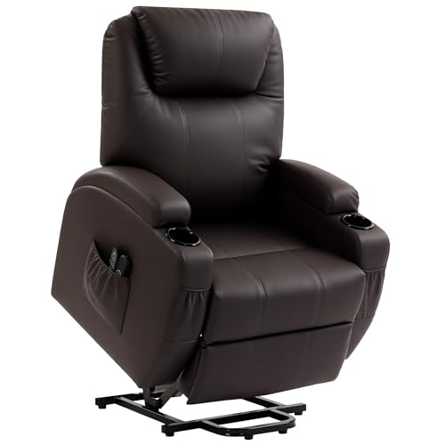 HOMCOM Fauteuil releveur électrique, Fauteuil Relax électrique en PU, Repose-Pied, Dossier inclinable, Port USB, télécommande, Porte-gobelets et Poches latérales, pour Personnes âgées, Marron foncé