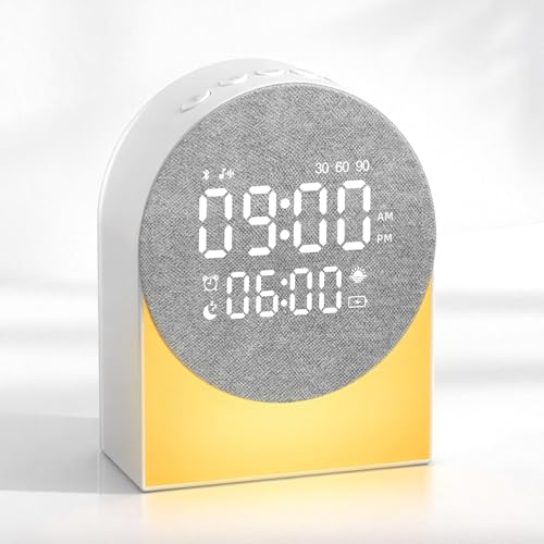 Gemmac Réveil Numérique Machine Bruit Blanc, Reveil Lumineux avec Enceinte Bluetooth Piles Rechargeables Timer Bruit Blanc Lampe Chevet, Réveil Matin LED Veilleuse pour Aide au Sommeil Chambre Cadeau