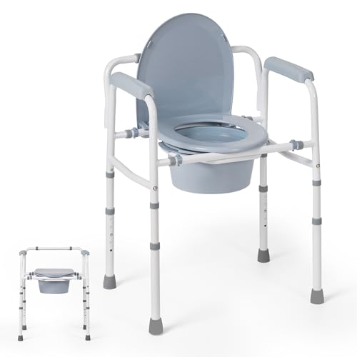 Careboda Chaise de Toilette Percée Portable avec Seau, pour Personnes Âgées et Mobilité Réduite, Très Large, 5 Hauteurs Réglables, Structure en Acier, Capacité de Charge 160 kg