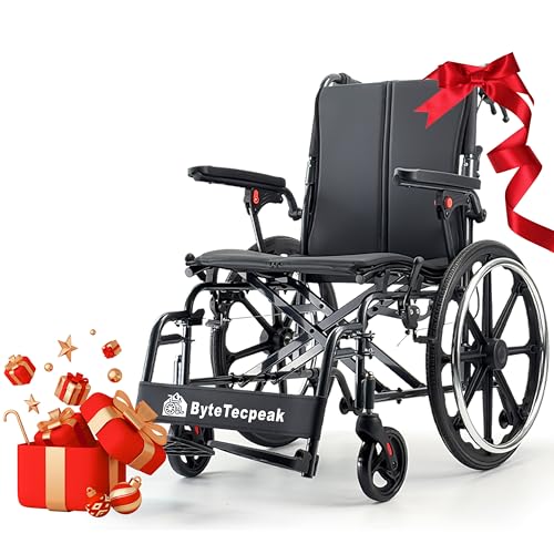 ByteTecpeak M4 Fauteuil roulant pliable léger avec double rembourrage d'assise, roues avant absorbant les chocs, cadre en aluminium léger, accoudoirs amovibles, pneus en caoutchouc sans entretien