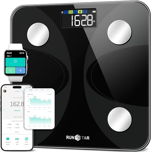 RunSTAR Balance Pese Personne Pour Poids et Masse Grasse, Haute Précision avec Grand Écran, Balance Connectée avec APP 13 Données Corporelles Poids, Max 180kg/ 400lb, Noir