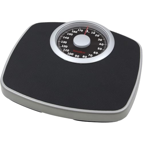TERRAILLON - NEO T - Pèse personne mécanique, Large plateau métal avec revêtement anti-dérapant, Grand cadran haute lisibilité, Balance robuste, Capacité 180 kg, Graduation 1 kg, Noir et Argent