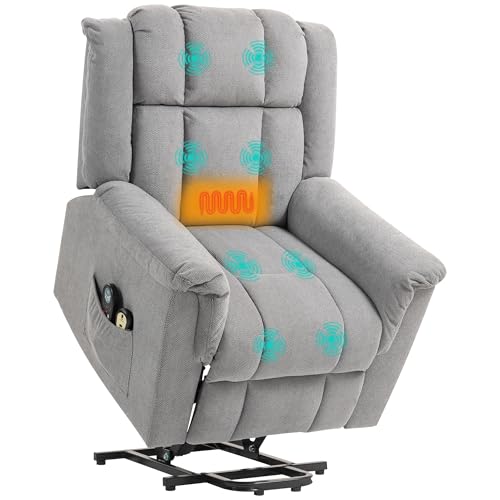 HOMCOM Fauteuil releveur électrique avec Fonction Massage et Chauffage, Fauteuil Relax électrique avec Dossier inclinable, Repose-Pied, télécommandes et Poche latérale, Tissu en Chenille, Gris foncé