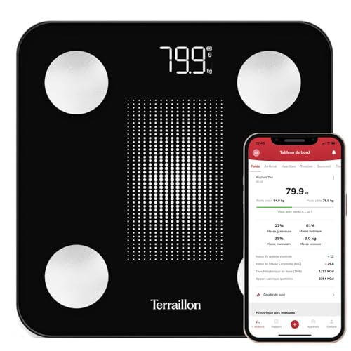 TERRAILLON - WEIGHT CONNECT - Pèse personne, Balance connectée, Bluetooth, Analyse masses graisseuse, musculaire, hydrique, osseuse, IMC, Max180 kg, Grad 50g, Ecran LED, Plateau verre, Sérigraphié
