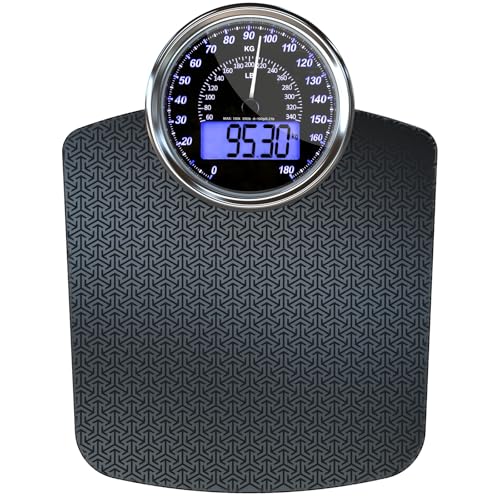 Balance de Salle de Bain Hybride 2 en 1 Adamson, Analogique et Numérique, pour un Poids Corporel jusqu'à 180 kg - Verre épais - Écran Large - Lecture Facile - Matrice Noire avec Rétroéclairage Bleu