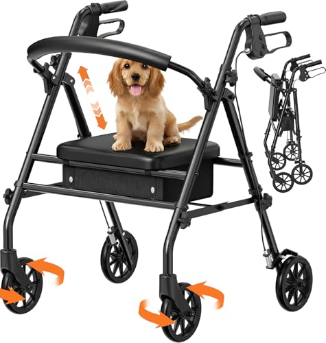 Luckfaith Rollator Déambulateur avec Siège et Rangement – Aide à la Marche Léger et Pliable à 4 Roues pour Seniors et Personnes Handicapées, Usage Intérieur & Extérieur, Noir