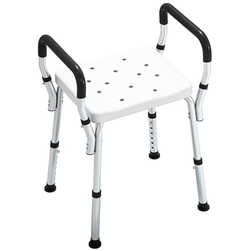 HOMCOM Tabouret de Douche Chaise de Douche pour Personnes âgées et handicapées avec accoudoirs, Hauteur réglable, Patins antidérapants, Chaise de Bain en Aluminium antirouille, Blanc