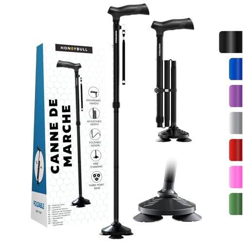 HoneyBull Canne de Marche Tripode en Aluminium pour Hommes et Femmes Pliable Réglable Robuste Tout Terrain Anti Dérapant, Aide à la Mobilité Personnes âgées (Noire)