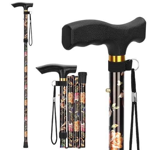 Canne Pliante Canne Pliante et Réglable Femme sur 5 Positions Bâton de Randonnée en Alliage D'aluminium Poignée en Forme de T Légère et Portable Adaptée aux Personnes âgées et Handicapées