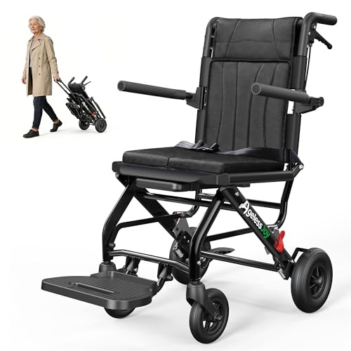 AGELESSJOY Fauteuil roulant pliable léger pour Adultes, Chaise de Transport en Aluminium Ultra-Légère et Pliable avec Poignée Télescopique, Compact et Portable pour Seniors (Noir)