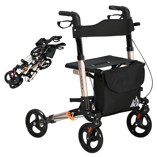 HOMCOM Déambulateur 4 Roues Pliable en Aluminium, Hauteur Réglable 6 Positions, Freins Doubles, Sac de Rangement, Accoudoirs Amovibles, Support pour Canne, Déambulateur pour Personnes Âgées, Doré