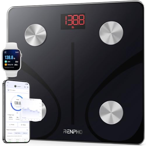 RENPHO Balance Pese Personne, Pese Personnes en Verre Trempé, Bluetooth, Max. 180 kg, Balance Connectée avec 13 Données Corporelles (IMC/graisse corporelle/masse osseuse/BMR/muscle/eau), Elis 1