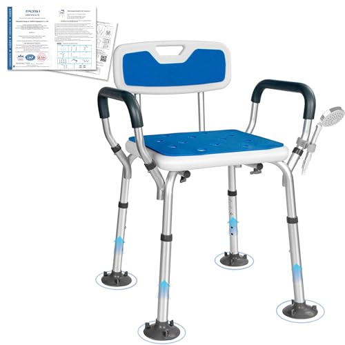OUUTMEE Tabourets de Douche Réglable en Hauteur, Chaise de Douche avec Accoudoirs et Dossier, Siège de Douche pour Personnes Âgées, Handicapées et Patients, Pieds Antidérapant, Max. 136 KG