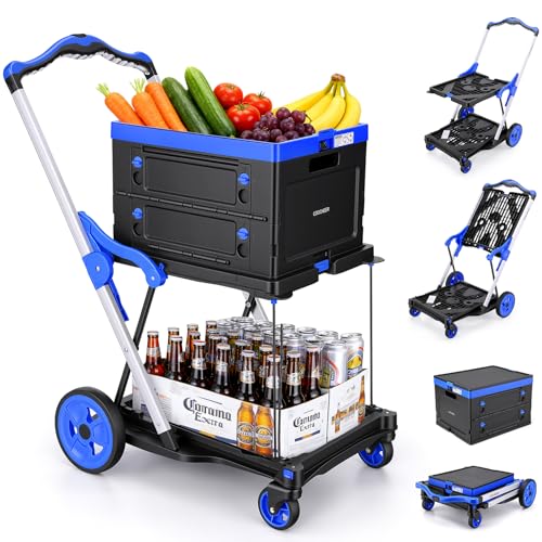 COOCHEER Chariot de Courses Pliable - Capacité 90kg, Design 2 Étages avec Panier Pliable, Pliage Express 3 Secondes, Poignée Réglable - pour Supermarché, Maison, Bureau & Camping