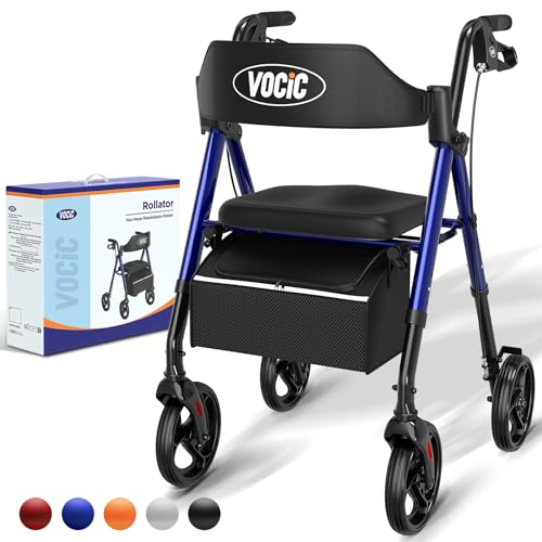 VOCIC deambulateur 4 roues pliable leger,Rollator en aluminium léger avec siège,Pour tous les terrains, Siège réglable en hauteur,Se range facilement dans le coffre,Bleu Saphir | Garantie de 5 ans
