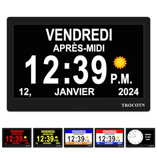 TROCOTN Horloge numérique Grand écran avec Calendrier pour Seniors, icônes Soleil et Lune, Heure d'été Automatique, Mode Nuit avec Gradation, Affichage Multicolore, Facile à Lire (10 Pouces, Noir)