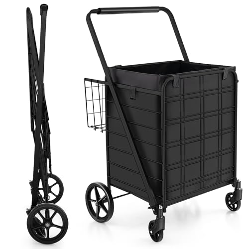 COSTWAY Chariot de Courses Pliable à 4 Roues, Caddie de Courses à Double Panier, Cadre Métallique et Doublure en Oxford, Capacité 126L et Charge 150KG, pour Marché, Epicerie, Lessive (Noir)