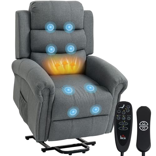 HOMCOM Fauteuil releveur électrique avec Fonction Massage et Chauffage, Fauteuil Relax électrique avec Dossier inclinable, Ports USB, Repose-Pied, télécommandes et Poche latérale, Tissu en Lin, Gris