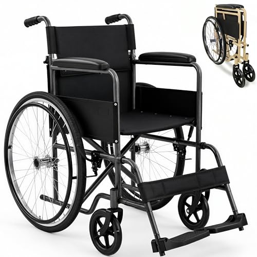 Mobiclinic®, Fauteuil roulant pliable, Marque européenne, Siège 46 cm, Acier, Frein manuel, Dossier amovible, Repose-pieds rabattables, Robuste, Léger, Gris, Denver