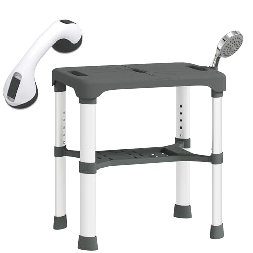 HOMCOM Tabouret de Douche Chaise de Douche Ajustable pour Personnes âgées et handicapées avec étagère intégrée, Barre d'appui Ventouse, siège Large, Chaise de Bain en Aluminium antirouille, Gris